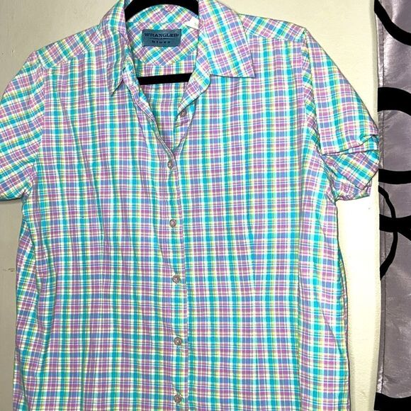 Wrangler Blues Western Plaid Button Up Shirt, Size Large - Picture 4 of 6